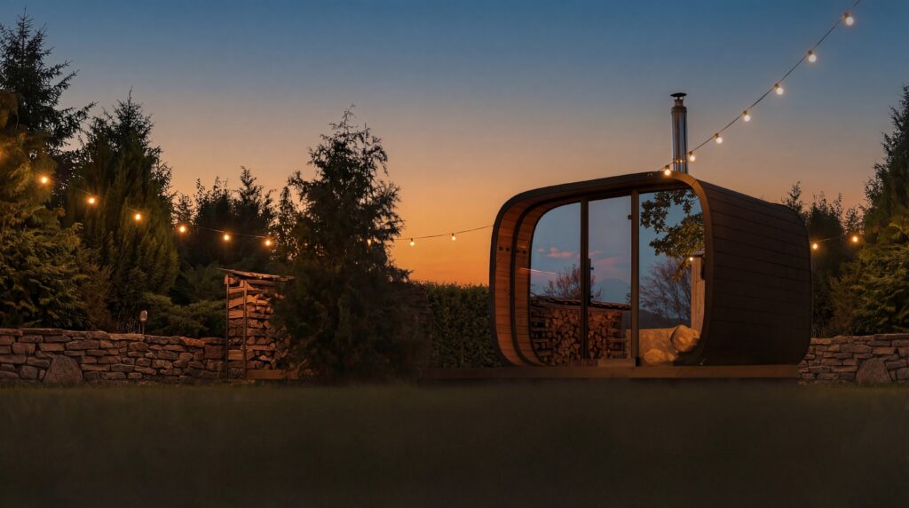 Leil Saunas Round Cube outdoor cabin sauna with glass front panel in a natural garden setting